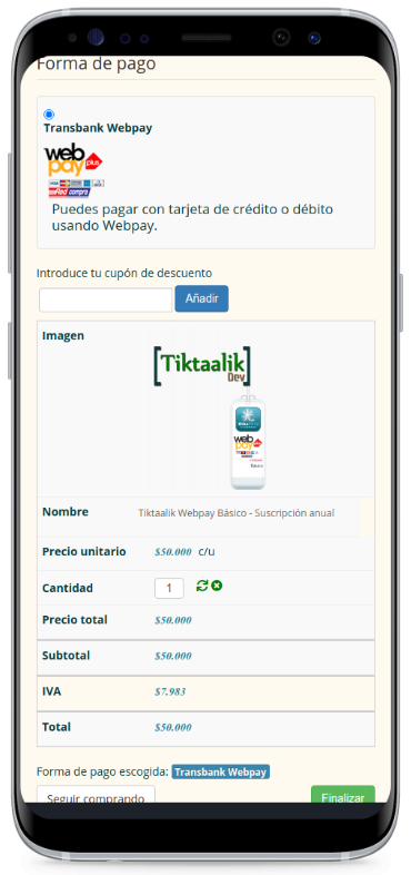 Imagen del plugin Tiktaalik Webpay Básico en un teléfono
